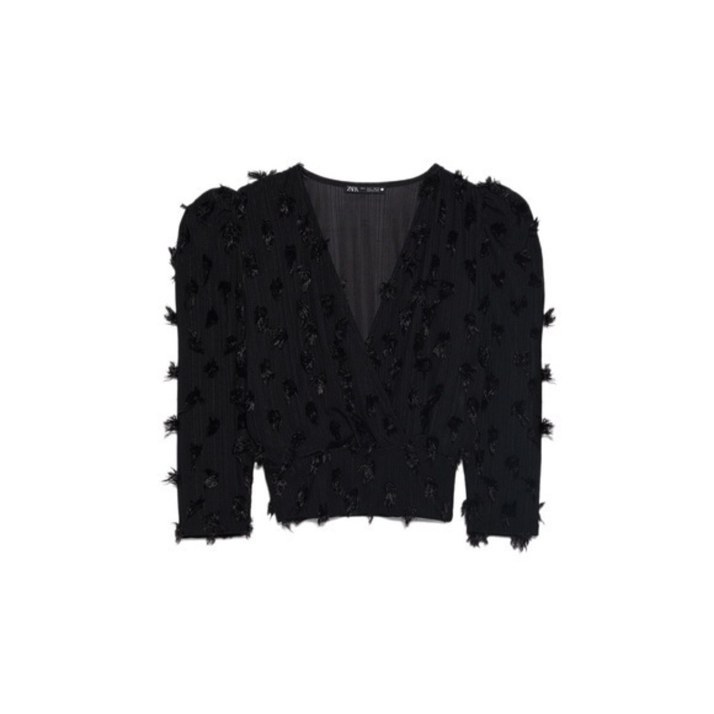 Zara Fringed Wrap Top Blouse Black Feather Size Small